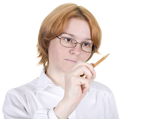 Image showing Girl in white clothes draws