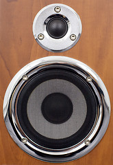 Image showing Speakers on a wooden surface