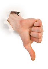 Image showing Gesture male hand through white paper