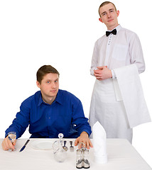 Image showing Waiter and guest of restaurant