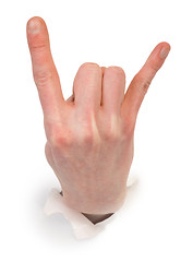 Image showing Gesture male hand through white paper