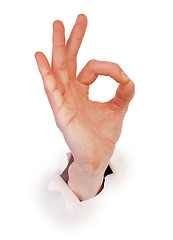 Image showing Gesture male hand through white paper