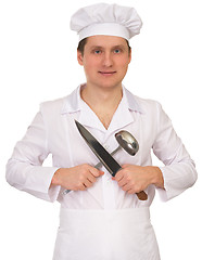 Image showing Cook with the knife and the ladle