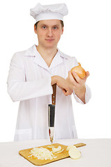 Image showing Cook with knife and preparation board