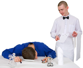 Image showing Waiter and drunk guest of restaurant