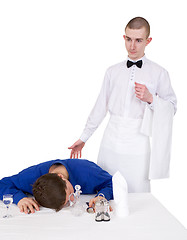 Image showing Waiter and drunk guest of restaurant