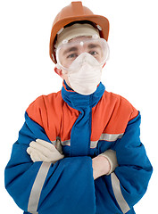 Image showing Laborer on the helmet and respirator
