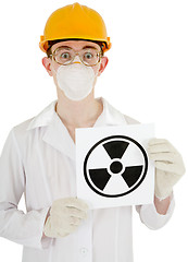 Image showing Scientist with poster radiation