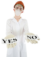 Image showing Scientist with posters yes and no