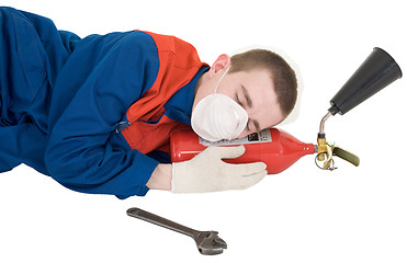 Image showing Labourer with fire extinguisher