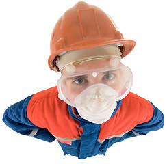 Image showing Laborer on the helmet and respirator 