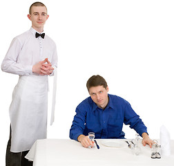 Image showing Waiter and guest of restaurant