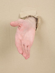 Image showing Male hand throug in cardboard