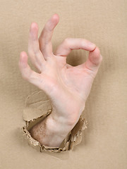 Image showing Gesture male hand through cardboard