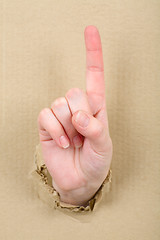 Image showing Gesture female hand through cardboard