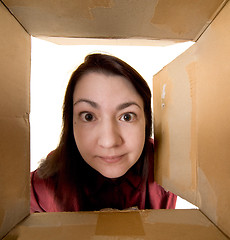 Image showing Female portrait through  cardboard box