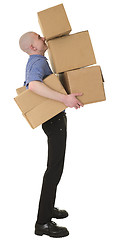 Image showing Man holding heap cardboard boxes