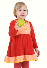 Image showing Girl in the red dress with apple