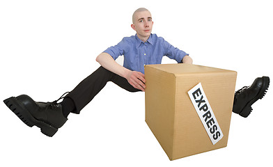 Image showing Courier and cardboard box with label