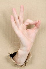 Image showing Gesture male hand through cardboard