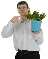 Image showing Man in spectacles showing on window plant