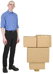 Image showing Courier and cardboard boxes pyramid