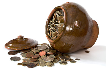 Image showing Clay pot with antique coins and lid