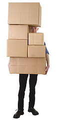 Image showing Man hold pile cardboard boxes