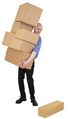 Image showing Man hold heap cardboard boxes