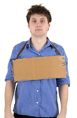 Image showing Man with carton tablet on neck