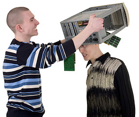 Image showing Serviceman covered computer on head of client