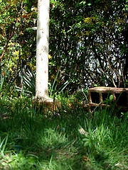 Image showing Rusty pole with clay brick on bright green grass