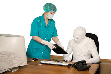 Image showing Bandaged businessman and nurse