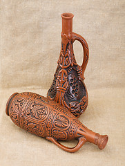 Image showing Two ancient brown ceramic bottle