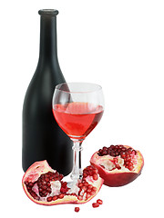 Image showing Glass of wine, bottle and a red pomegranate