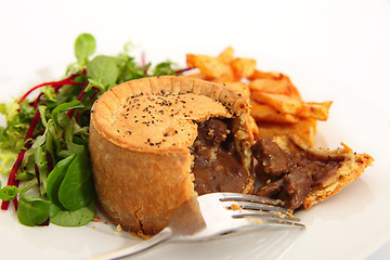 Image showing Steak pie salad and fries