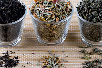 Image showing three kinds of dry tea in glasses