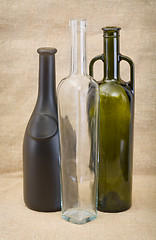 Image showing Bottle for champagne, bottle for wine and glass bottle