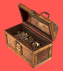 Image showing  Wooden opening ancient chest with coins