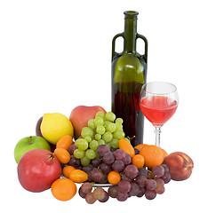 Image showing Bright still life with wine and fruit