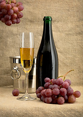 Image showing Champagne bottle, grape and bucket