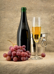 Image showing Champagine bottle, grape and goblet on canvas background