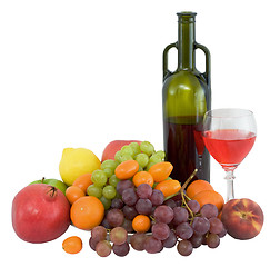 Image showing Bright still life with wine and fruit