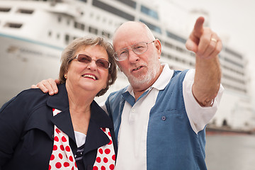 Image showing Senior Couple On Shore in Front of Cruise Ship