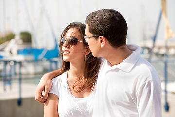 Image showing Portrait of young happy couple at the harbour