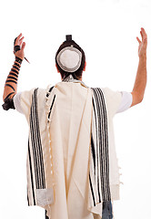 Image showing Rear view of jewish men put phylactery