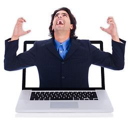 Image showing Young happy business man embracing through laptop screen