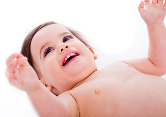 Image showing Closeup of  happy baby with hands up