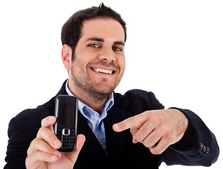 Image showing Closeup shot of business man pointing at the mobile