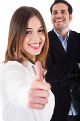 Image showing Successful business colleague women showing thumbsup